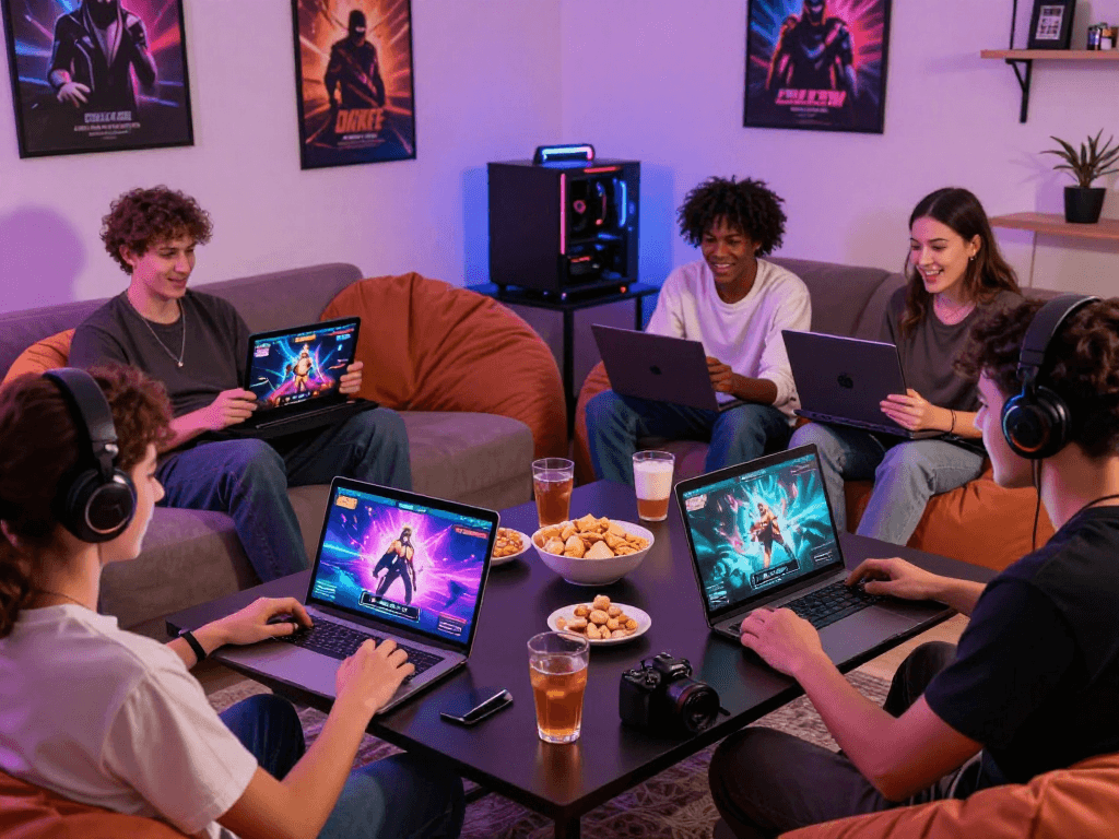 Group playing porngames together in a lively living room.