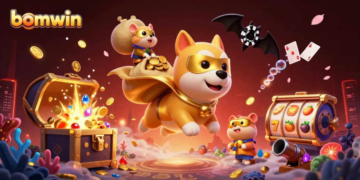 Join the fun at bomwin with our superhero dog and hamster amidst a vibrant casino adventure!