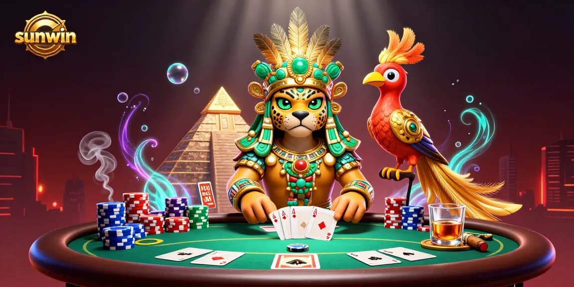 Experience sunwin's lively poker scene with intricate details and vibrant casino elements.