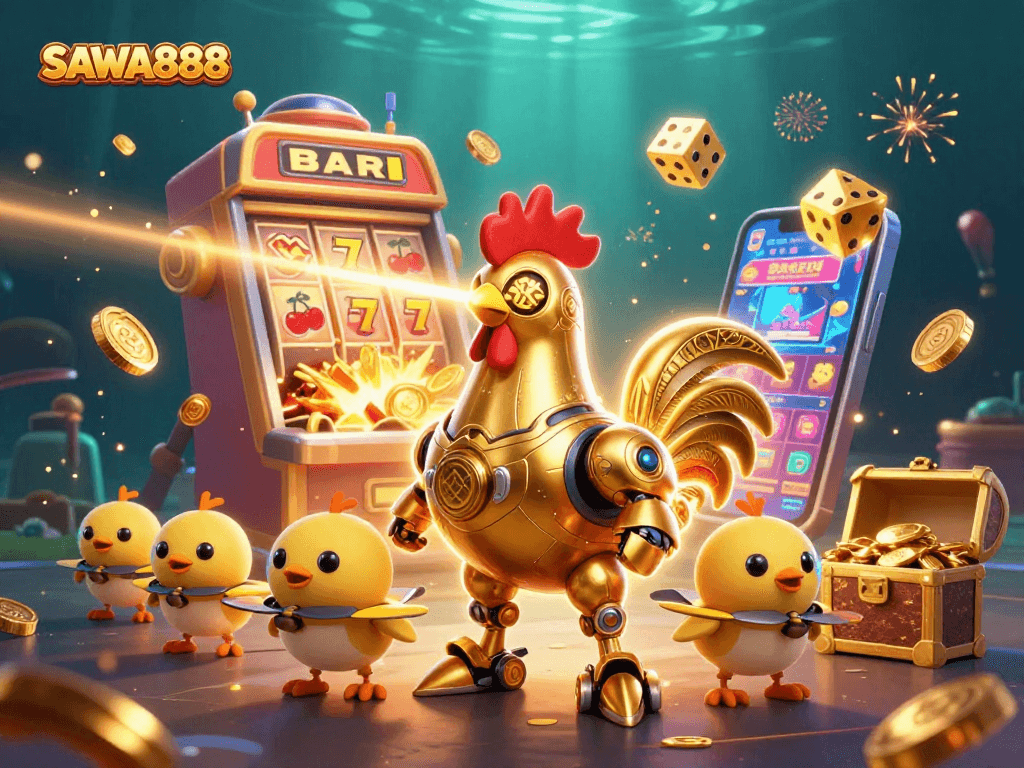 SAWA888 showcases a vibrant scene with golden rooster robot, slot machines, and treasure.