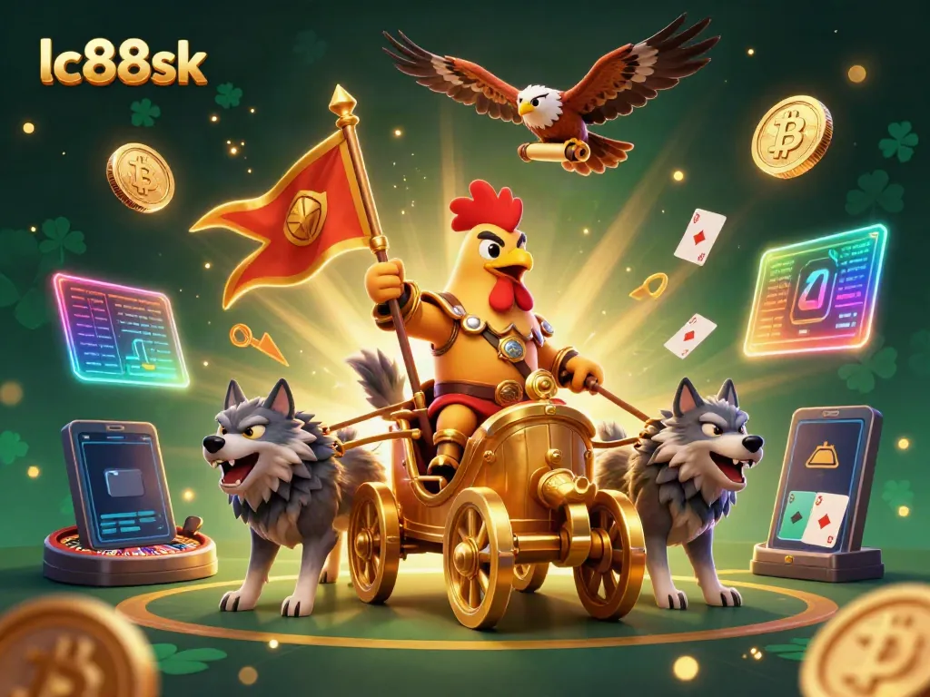 Experience thrilling games at lc88sk with a dynamic scene featuring casino elements and a 3D rooster warlord.