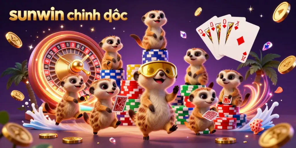 Experience the excitement with sunwin chính thức in a vibrant cartoon casino scene featuring meerkats.
