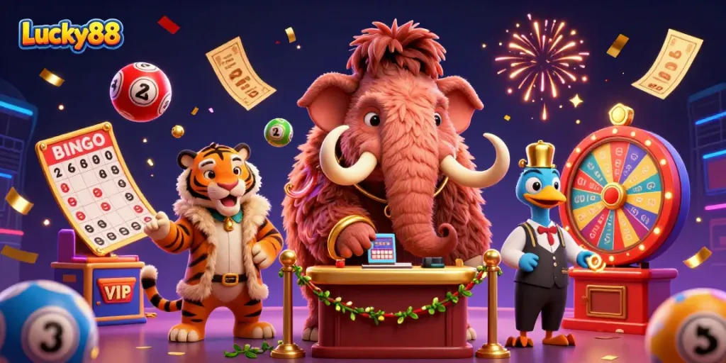 Experience Lucky88 excitement with a 3D mammoth bouncer, vibrant lottery elements, and festive atmosphere.