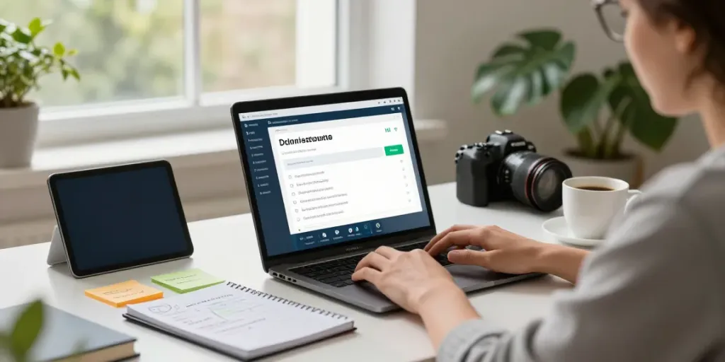 Focused individual navigating domain registration UK options in a modern home office.
