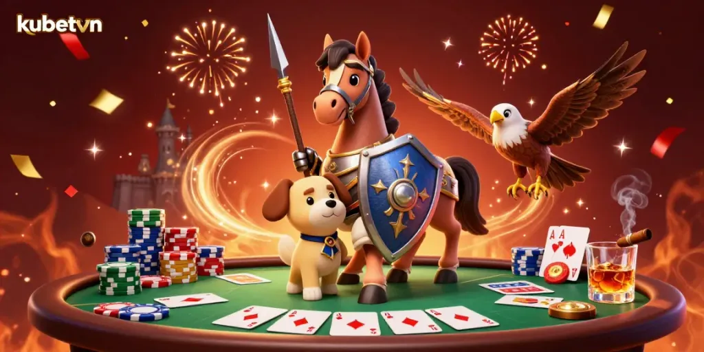 Play at kubetvn with a thrilling casino scene featuring characters and poker elements.