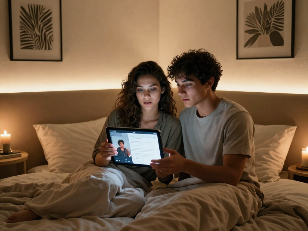 A couple exploring ai sex app features together in a cozy bedroom.