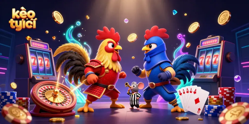 Engage in thrilling kèo trực tuyến action with fighting roosters, roaring coins, and vibrant casino elements.