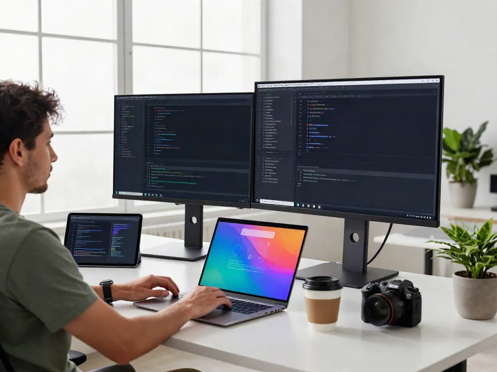 Developer utilizing instant indexing tools in a modern workspace with monitors displaying code and analytics.