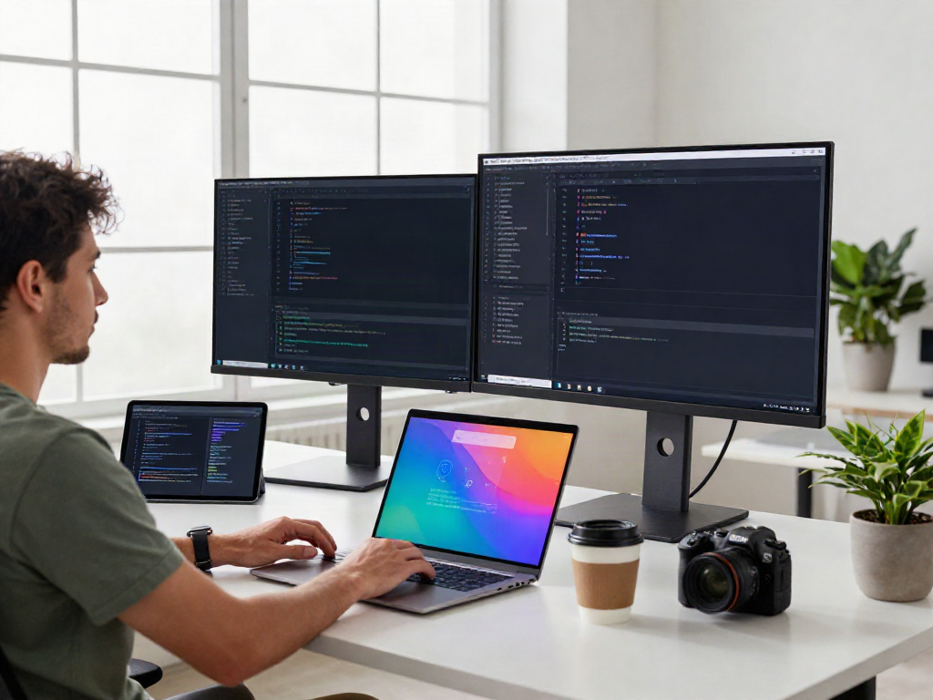 Developer utilizing instant indexing tools in a modern workspace with monitors displaying code and analytics.