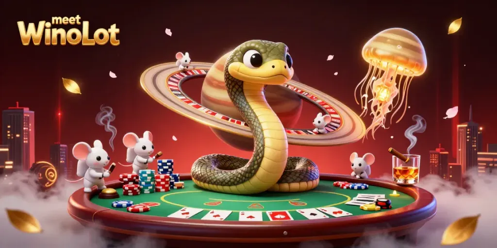 Engage with the exciting universe of meet WinoLot, showcasing a coiled Saturn ring snake as a roulette wheel, with astronaut mice betting.