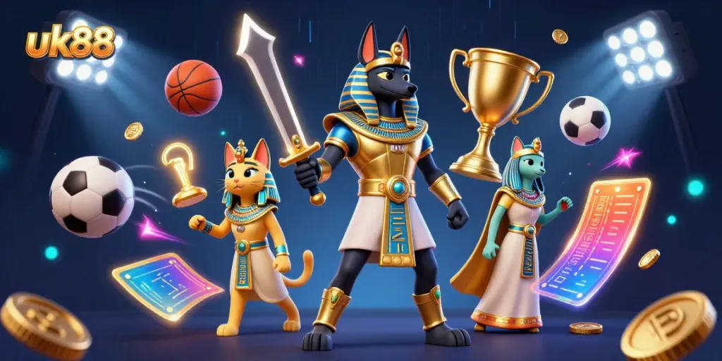Engaging uk88 gaming scene with vibrant ancient Egyptian characters showcasing thrilling sports betting elements.