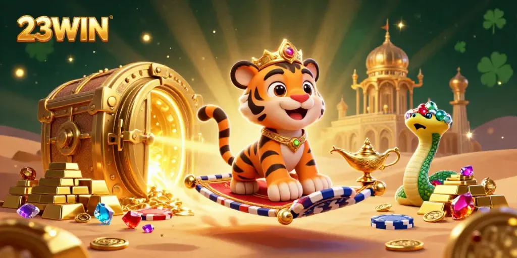 Join the excitement with 23WIN in this vibrant 3D casino scene featuring a fortune-filled tiger sultan and treasure.