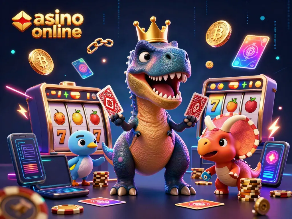 Engage in casino online with a T-Rex shuffling cards and a baby triceratops stacking chips amidst vibrant neon effects.