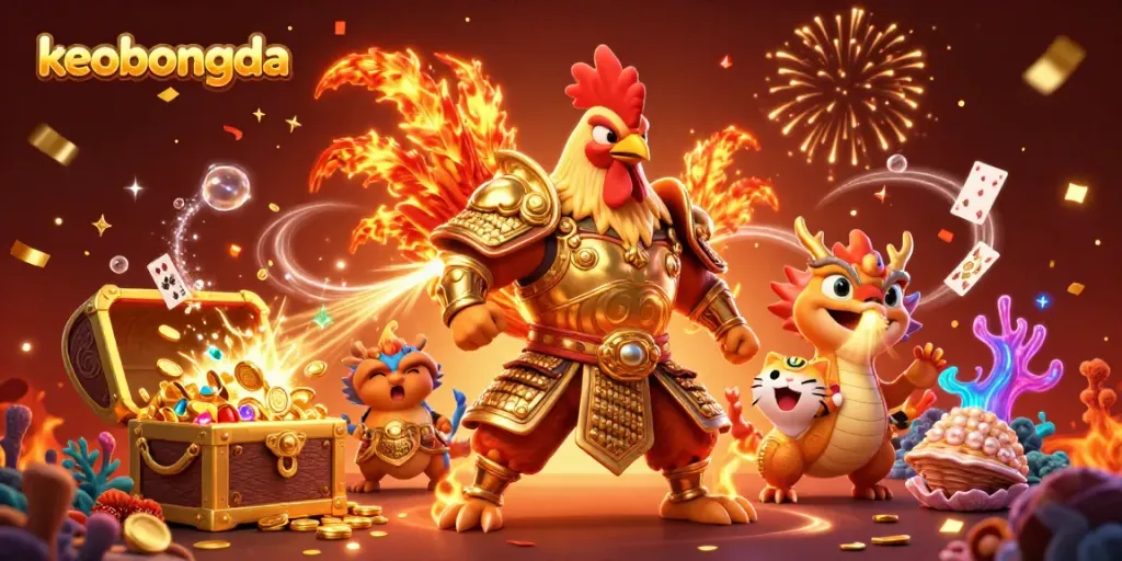 Experience keobongda with exciting gaming visuals featuring a rooster warrior and dragon hatchling.