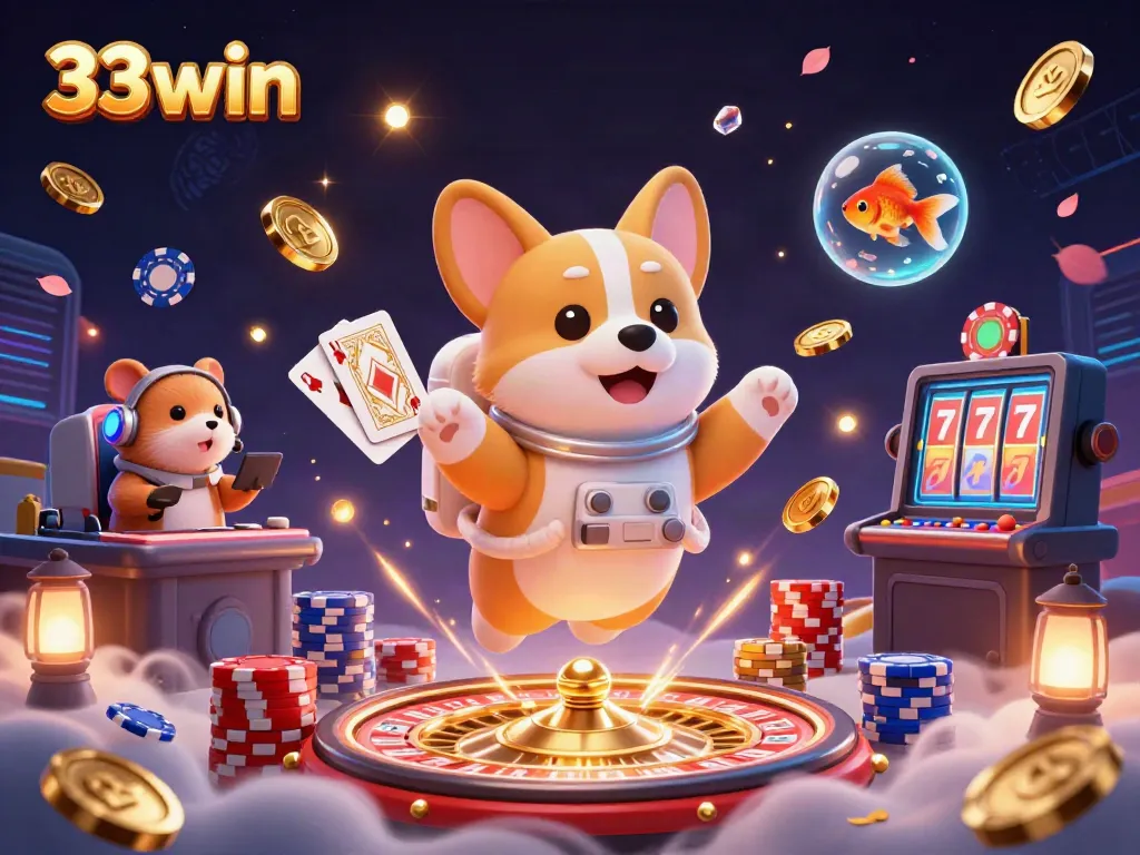 Experience the vibrant thrill of 33win's online casino with a playful astronaut corgi and sparkling game elements.