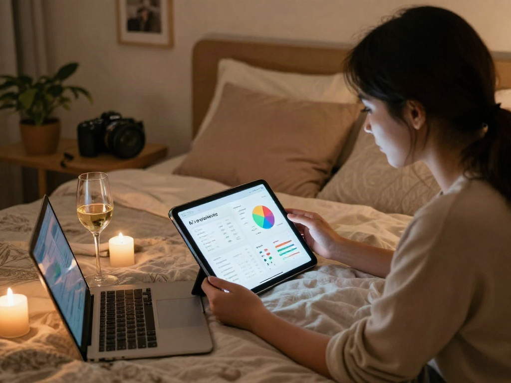 Couple using AI sex apps in cozy bedroom setting to enhance intimacy.