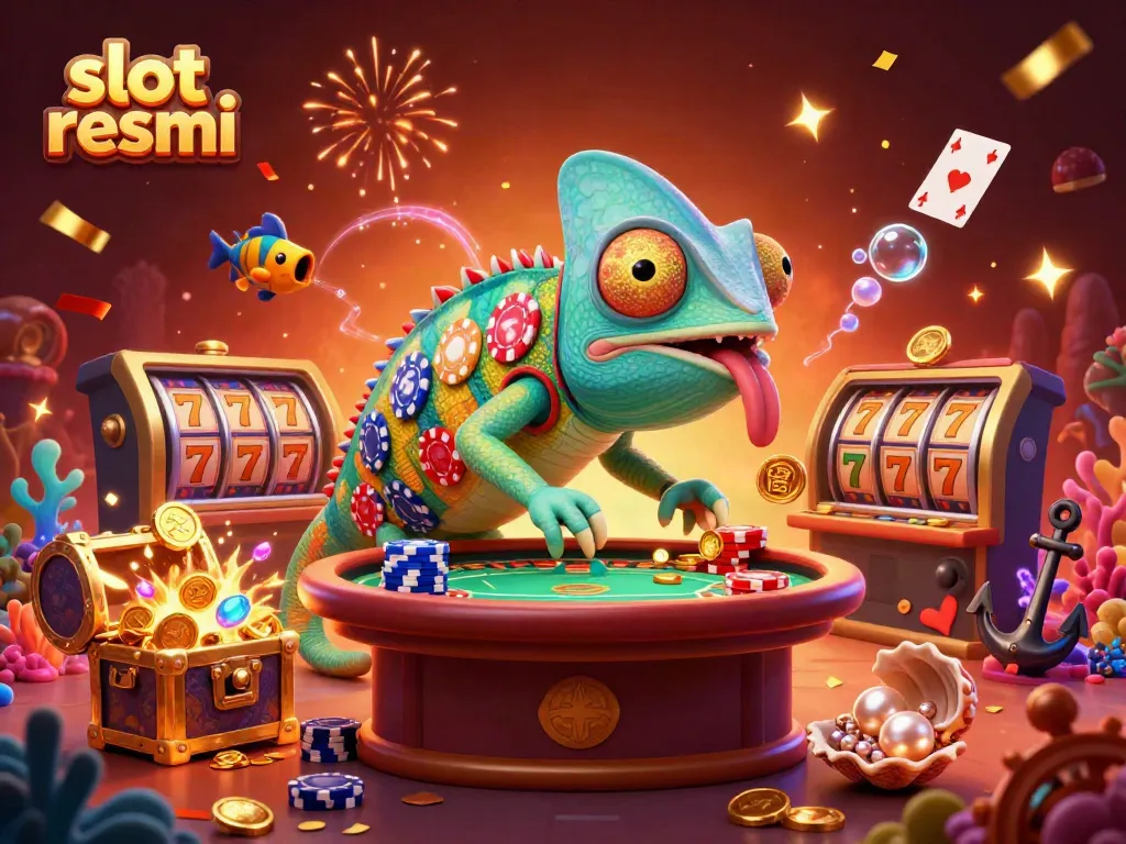 Experience the excitement of playing slot resmi with a vibrant 3D chameleon casino owner and lively game elements.
