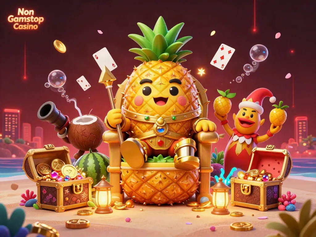 Engaging Non Gamstop Casino scene with a pineapple king and dynamic elements in vibrant colors.