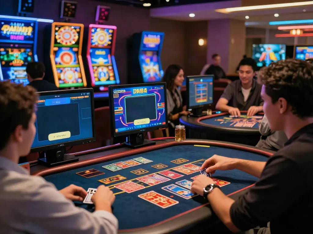 Players enjoying games at casinos that take credit cards, showcasing vibrant online casino atmosphere with interactive screens.