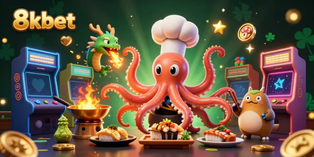 Experience 8xbet's vibrant gaming world with a dynamic scene featuring an octopus chef and a dragon.
