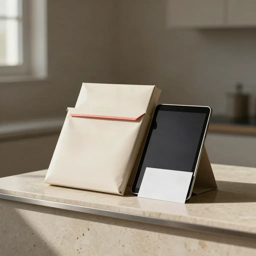 Studio product hero of a trend brief bundle, mailers, card and tablet on travertine with coral accent