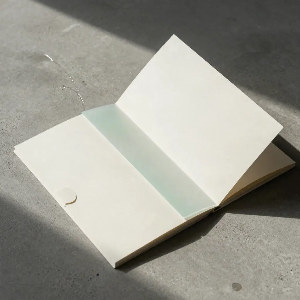 Overhead flatlay of an off-white retail folio with acetate divider, tab and stone weight on concrete.