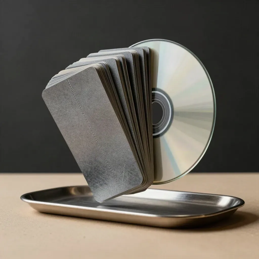 Graphite topic-tracker sleeve on brushed steel tray with fanned cue cards and clear disc