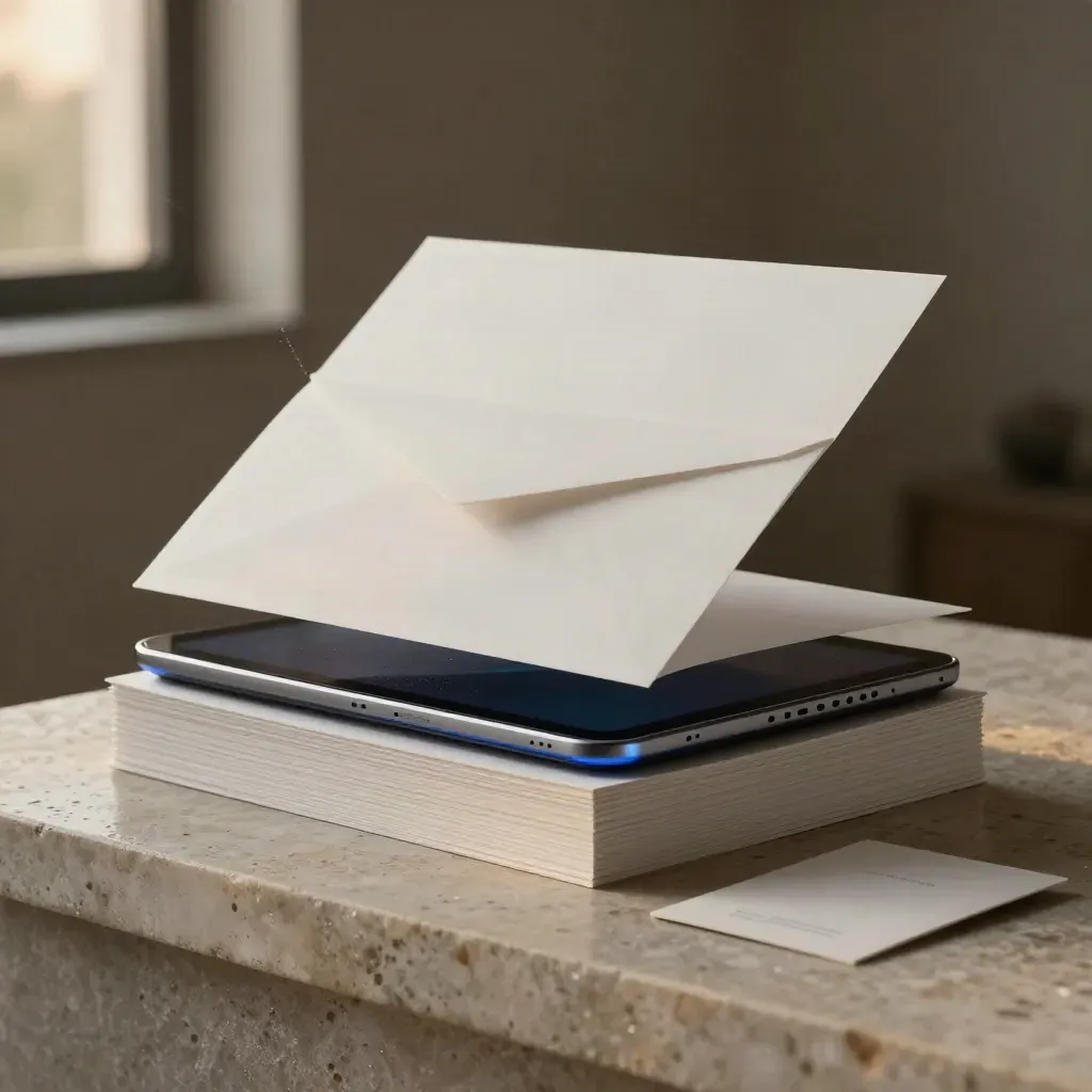 Trend brief pack, tablet, folios and email sleeve on a damp stone plinth in blue-hour haze