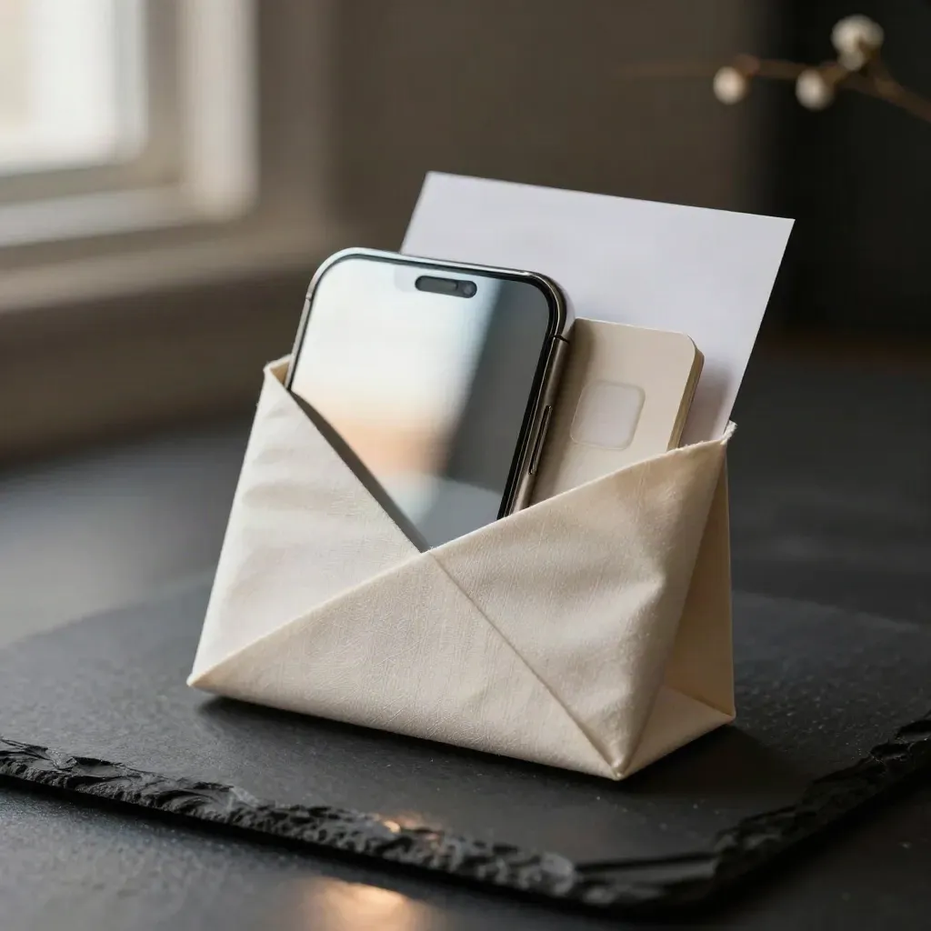 Pale fabric-wrapped notes pack with phone tile, swatch and colour chip on dark slate.