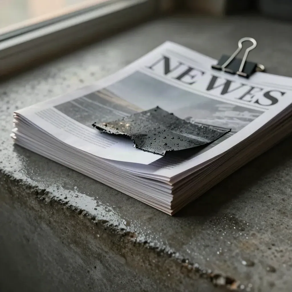 Rain-beaded local news brief stack on concrete with a folded slip and dark clip.