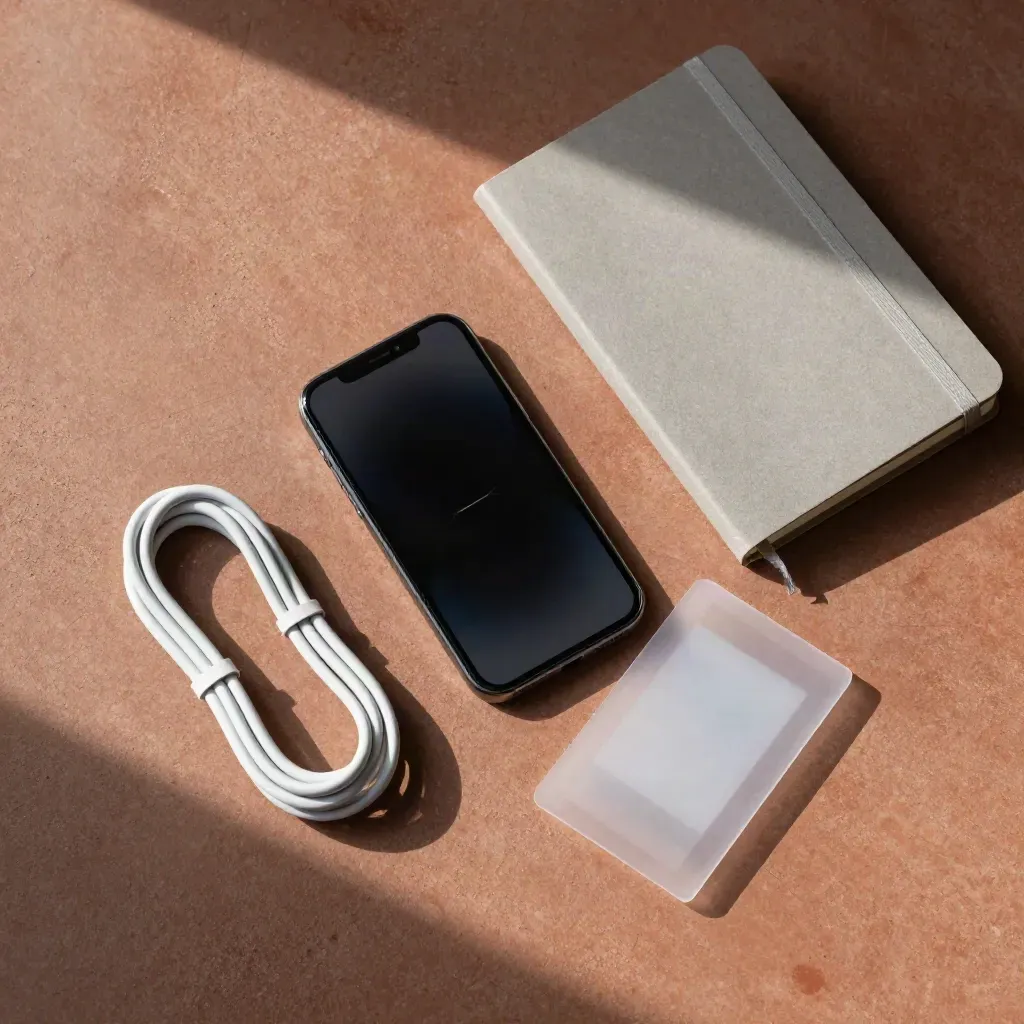 Top-down flatlay of a phone, closed notebook, cable coil and frosted card on stone.
