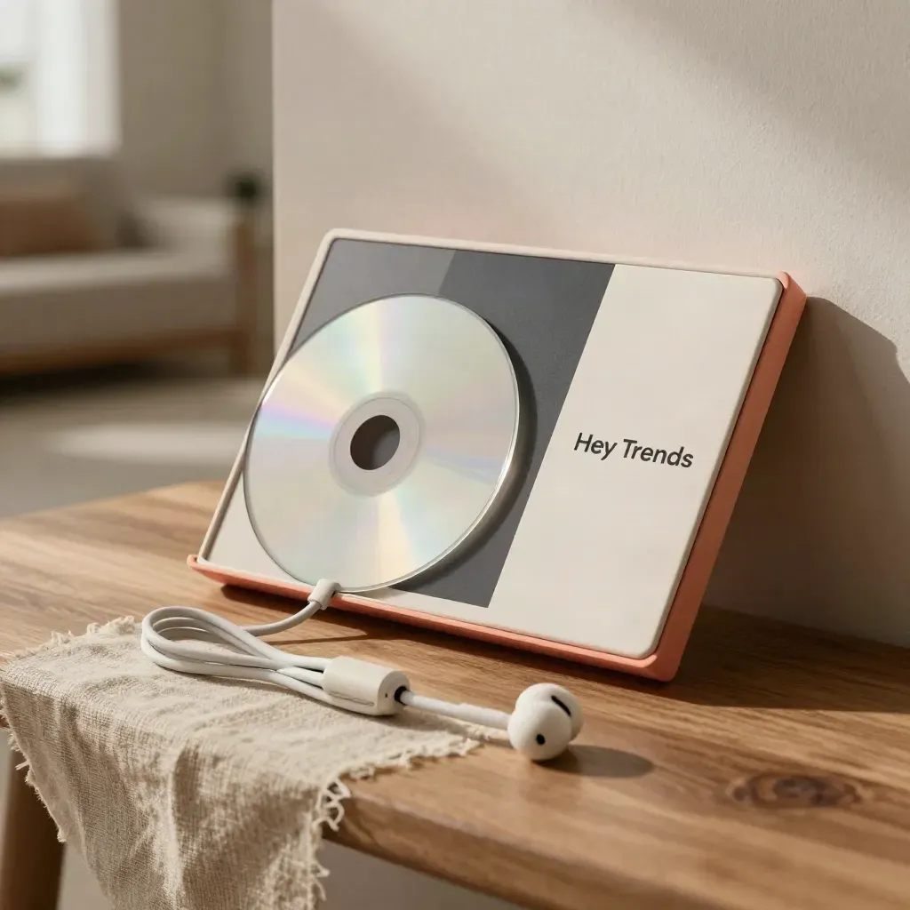 Opened sound brief sleeve with earbuds and cable on linen in soft window light.
