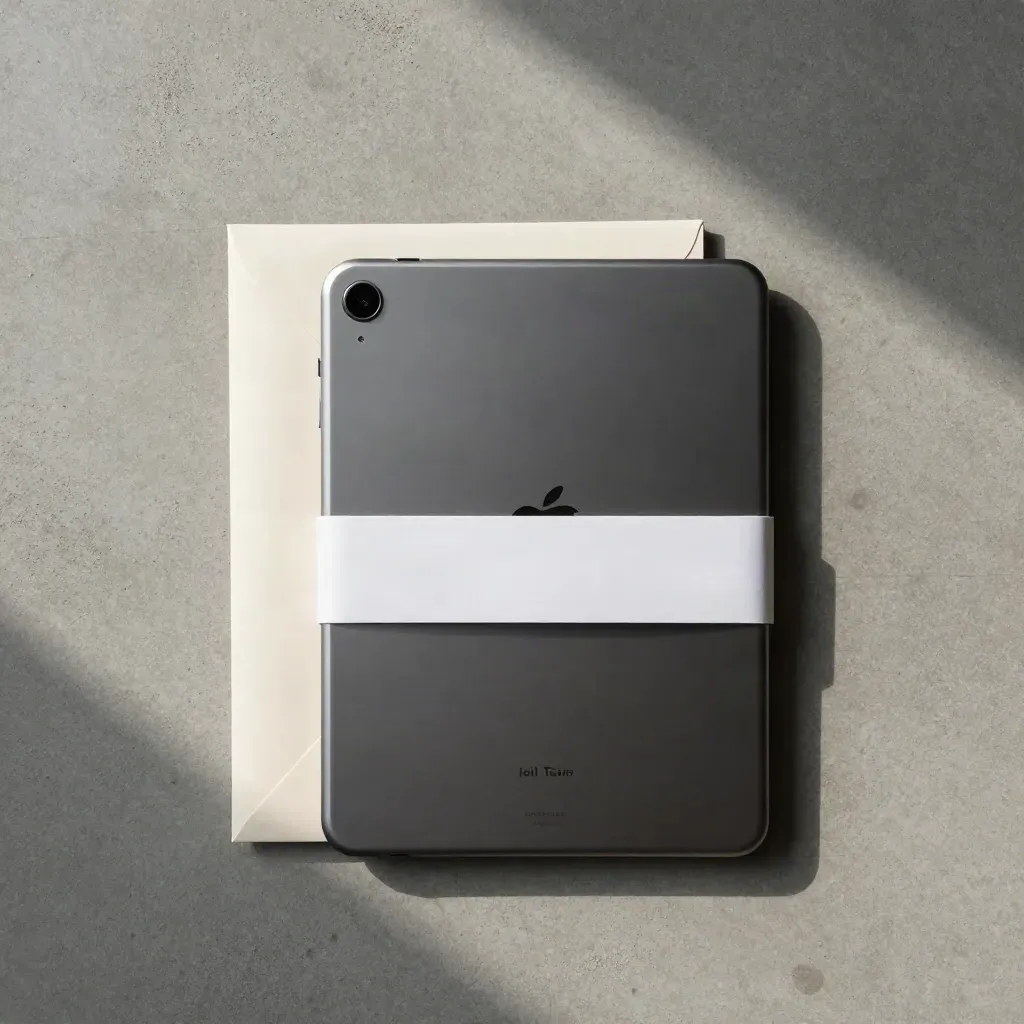 Top-down brand tracker bundle with tablet, envelope-style pack and white paper band on concrete.