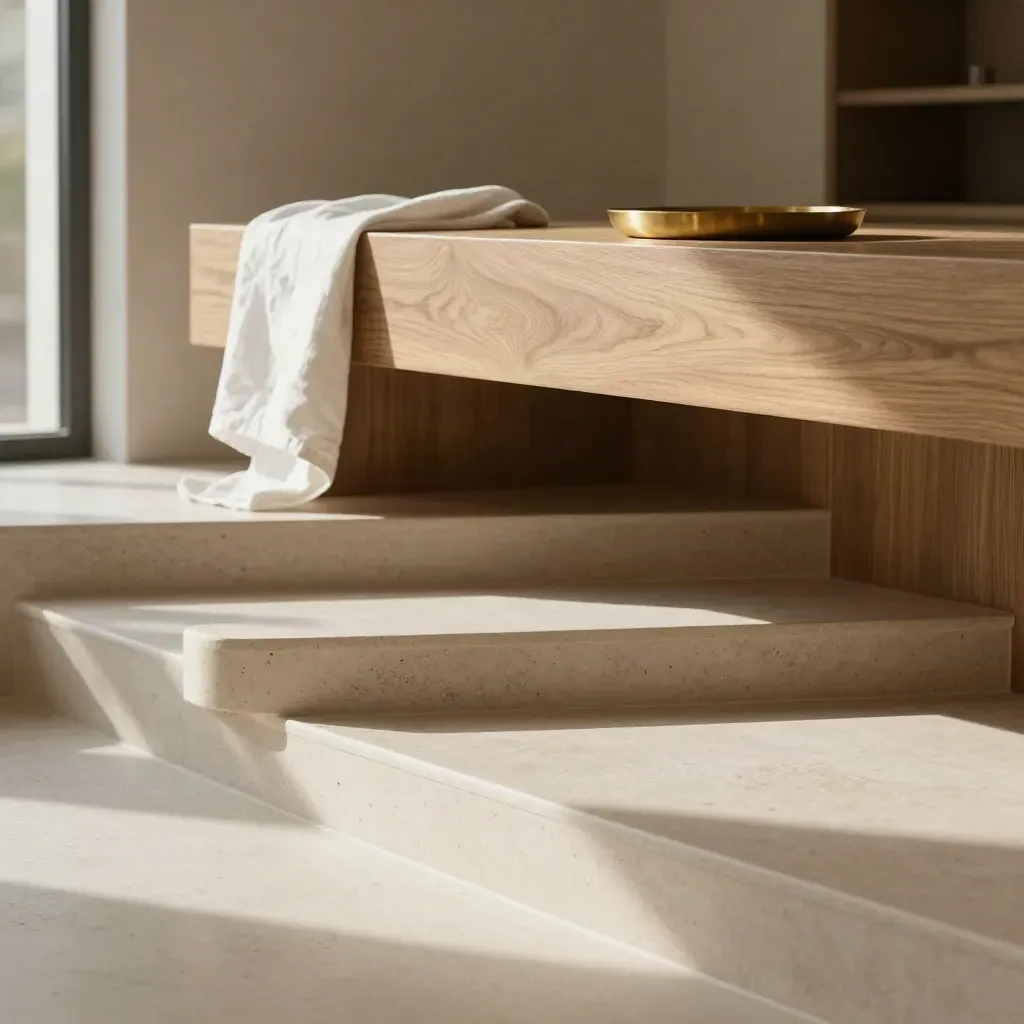 Sunlit travertine stair landing with pale oak console and brass tray