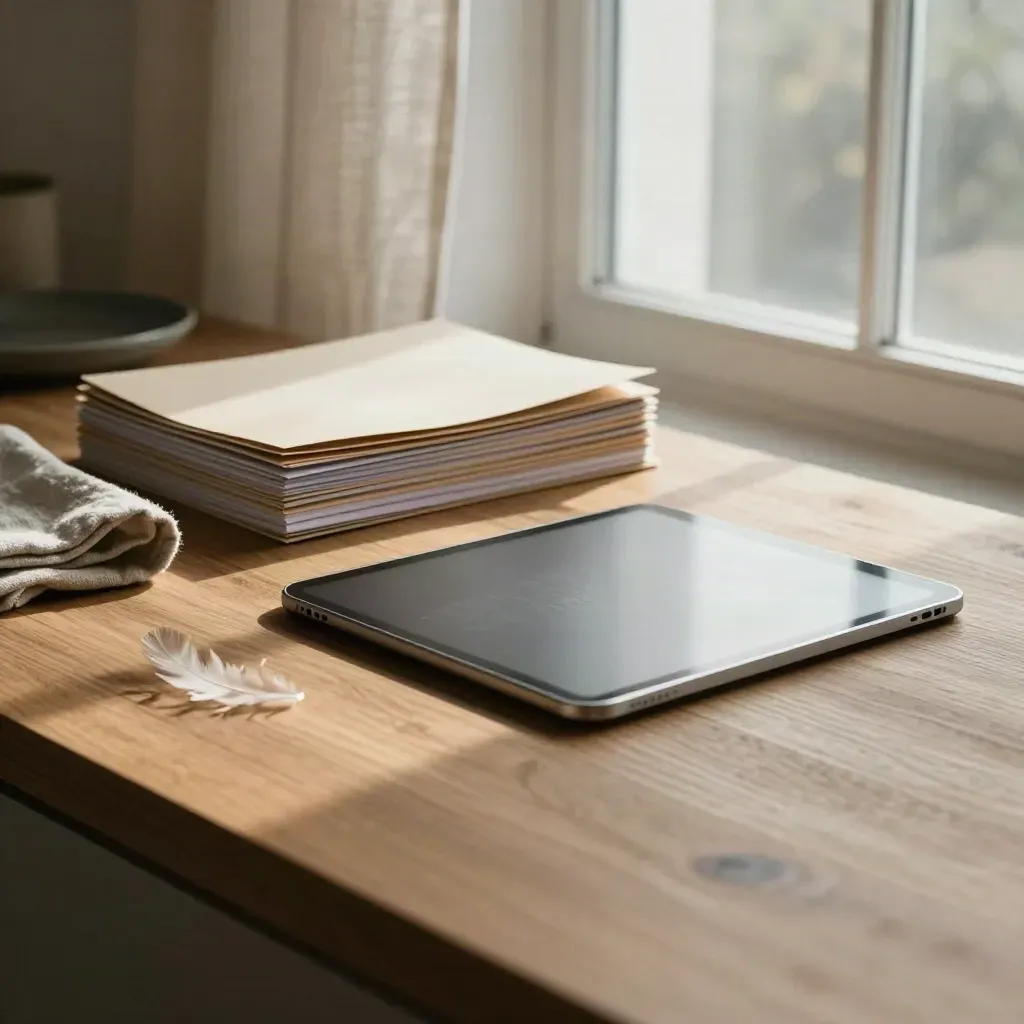 Oak editorial kitchen counter with briefing folders, tablet, linen cloth and soft window light.