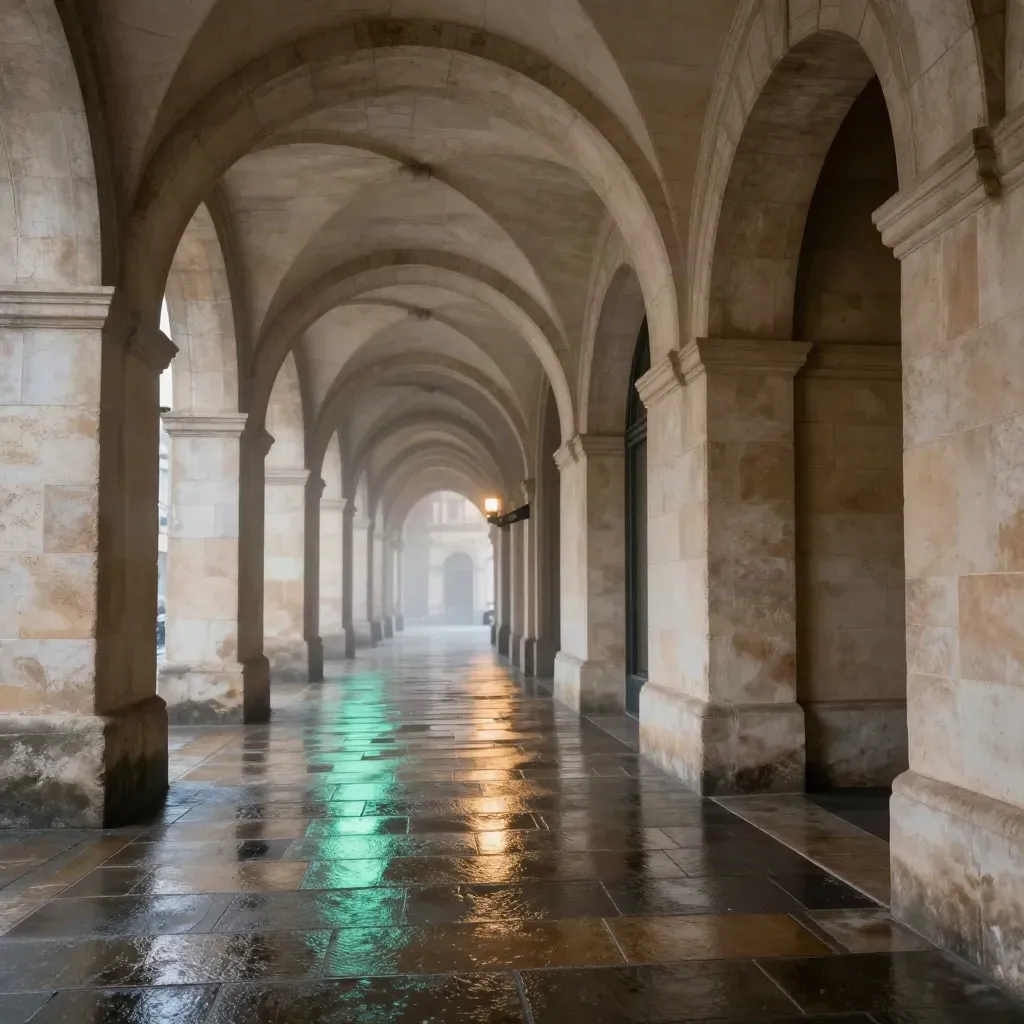 Pale stone arcade after rain with glowing reflections and misty arches