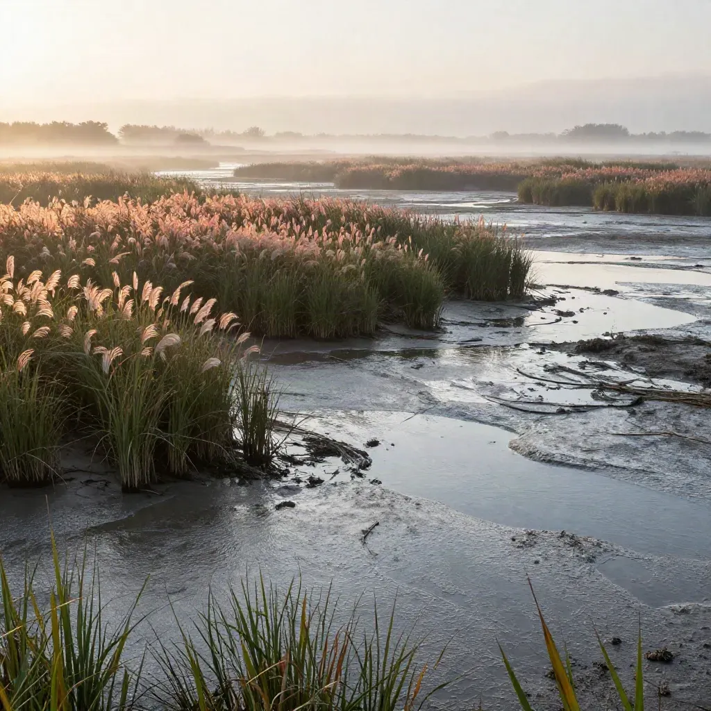 Salt marsh grasses above silvery water at dawn, with mist and open calm space below.