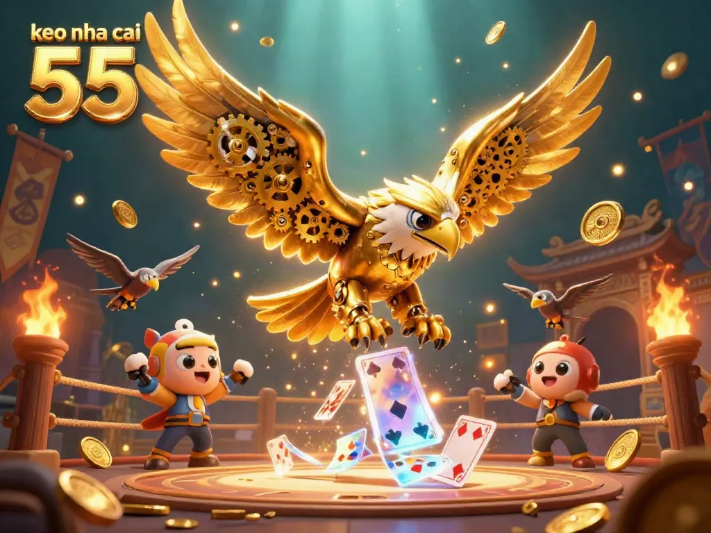 Engage with keo nha cai 55 in a visually stunning 3D scene of a golden eagle amidst dynamic gambling elements.
