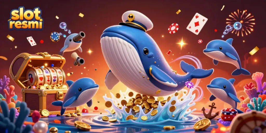 Engage in thrilling action with slot resmi as a giant whale breaks through coins, showcasing vibrant gambling elements.