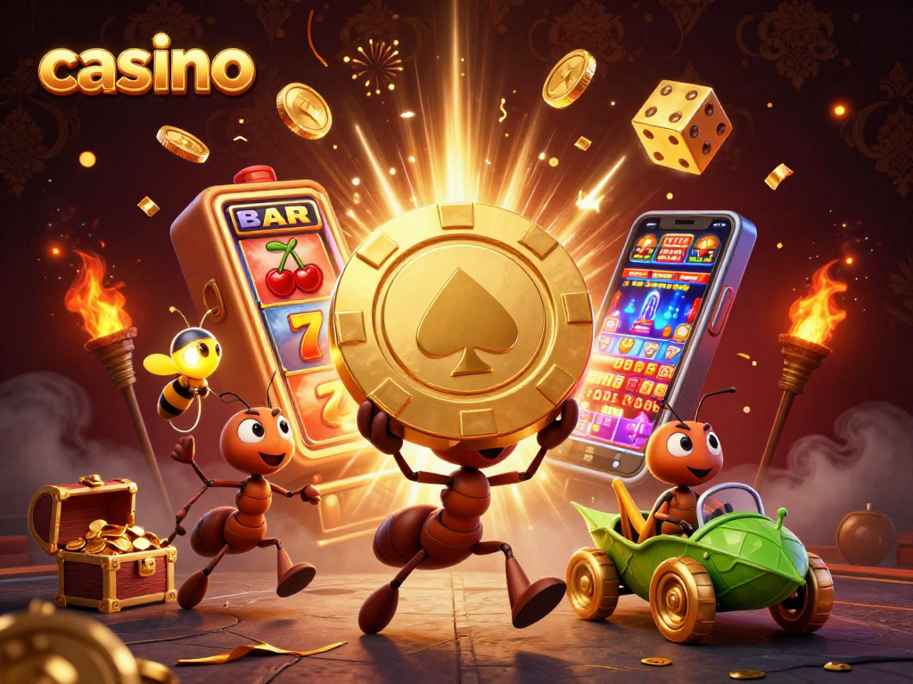 Ants conduct a casino heist with a golden chip in a vibrant 3D illustration.