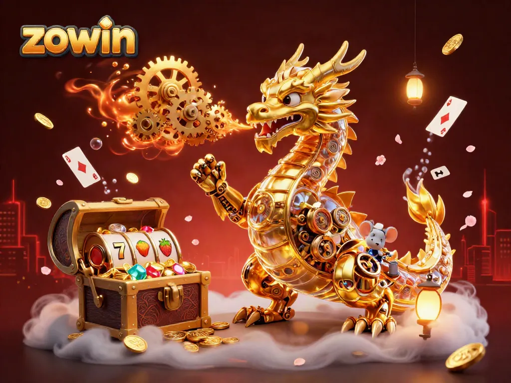 Experience the excitement of zowin with a dragon-themed casino adventure featuring vibrant slot symbols and treasures.