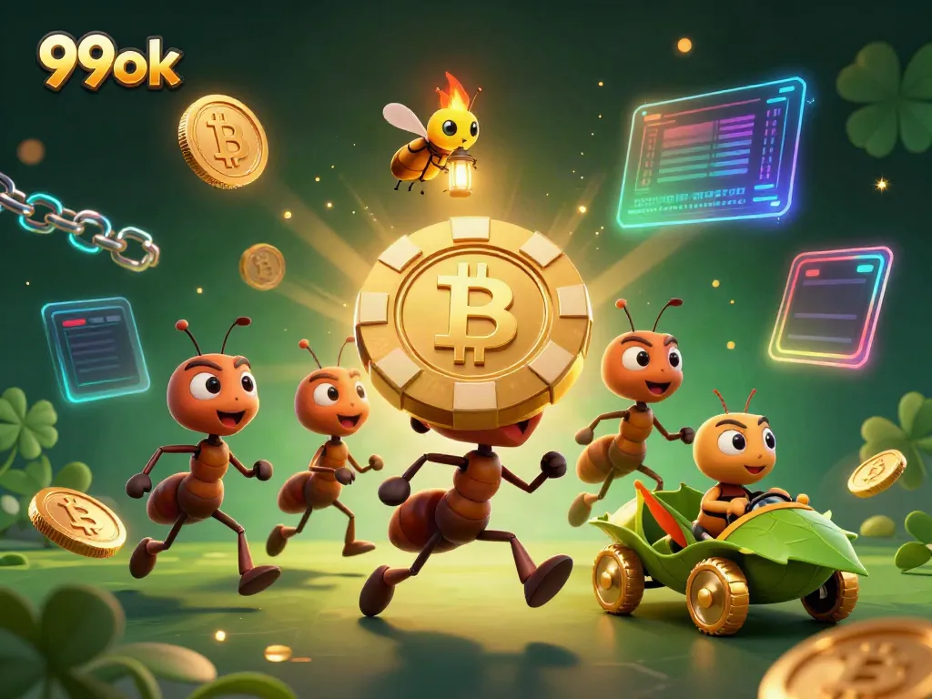 Experience thrilling 99ok adventures with ants heisting a giant poker chip, set in a vibrant casino world.