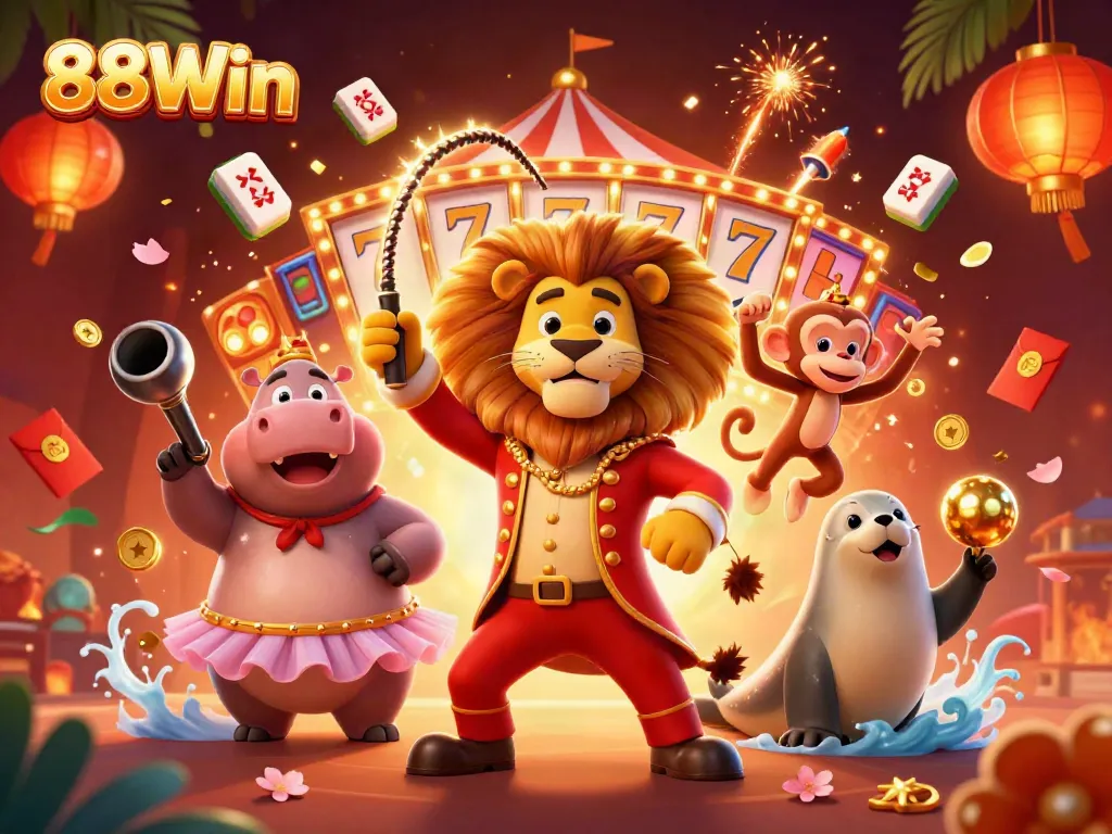 Engage with thrilling 88Win casino games featuring circus characters in a vibrant setting.