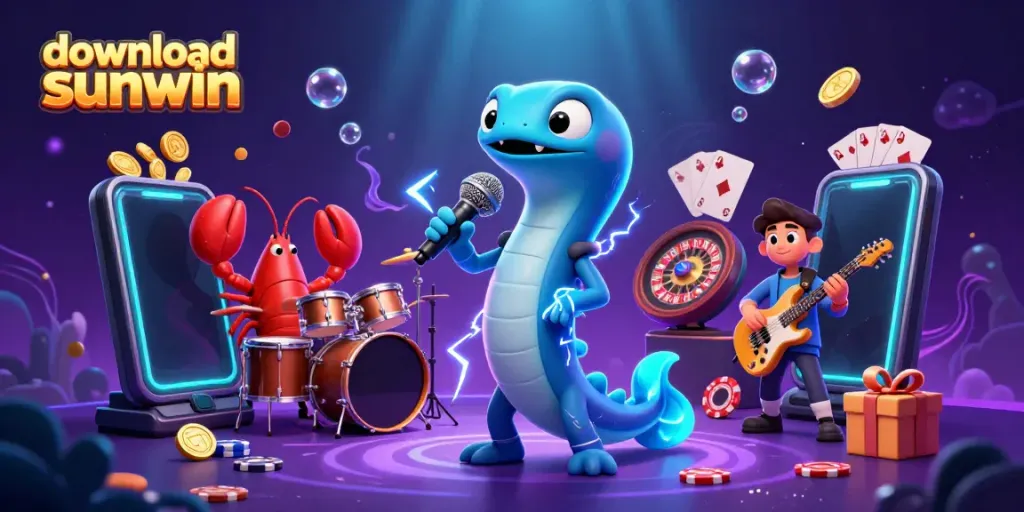 Play to win with download sunwin, a colorful underwater casino scene featuring an electric eel DJ and vibrant game elements.