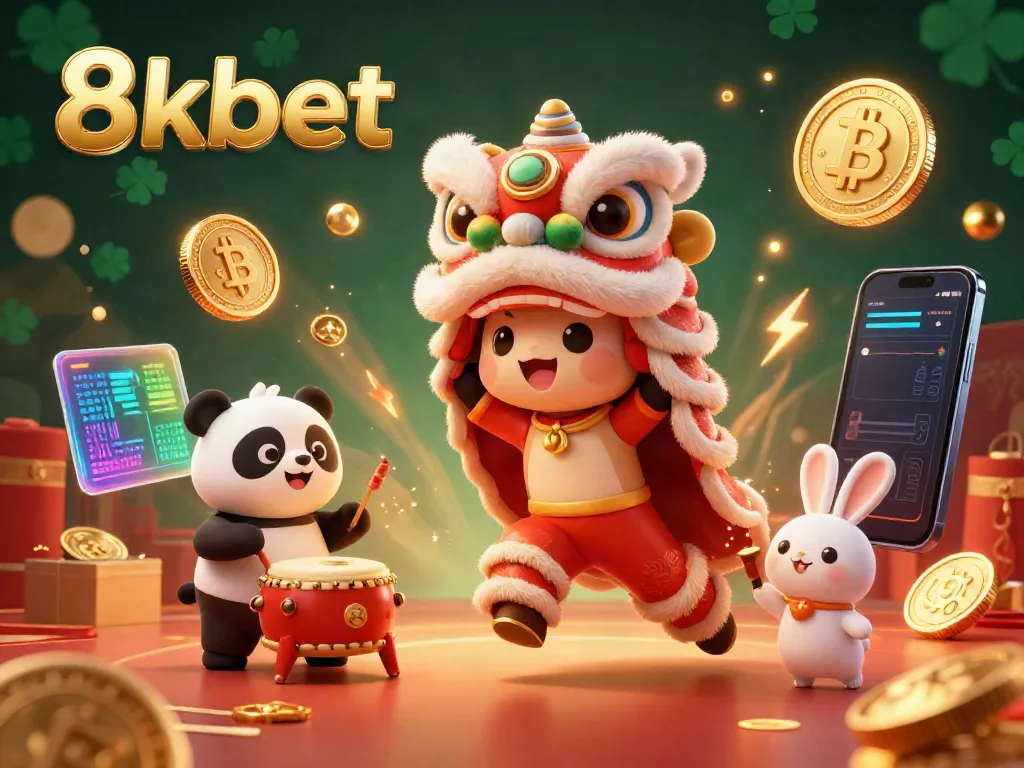Watch 8kbet's festive casino-themed illustration featuring a lion dance, drumming panda, and crypto elements.