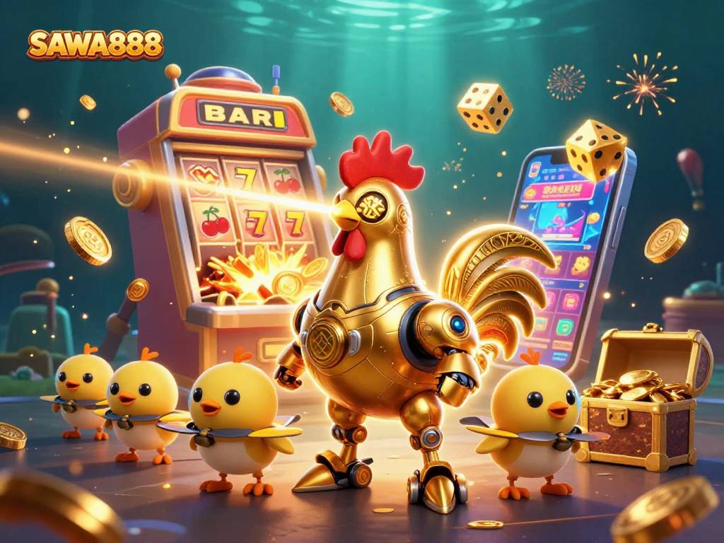 SAWA888 showcases a vibrant scene with golden rooster robot, slot machines, and treasure.