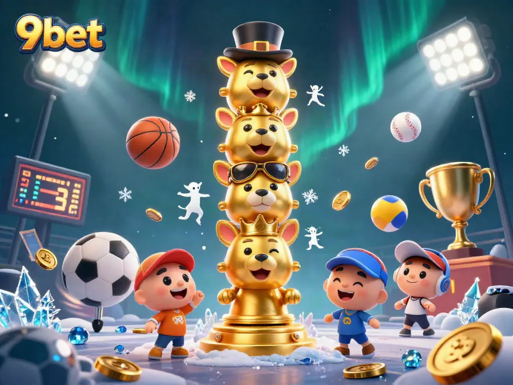 Experience the thrill of 9bet with dynamic sports elements and a golden totem in a festive casino scene.