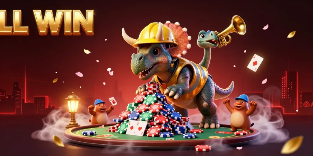 LL WIN showcases a joyful celebration of poker with lively characters and rich casino elements.