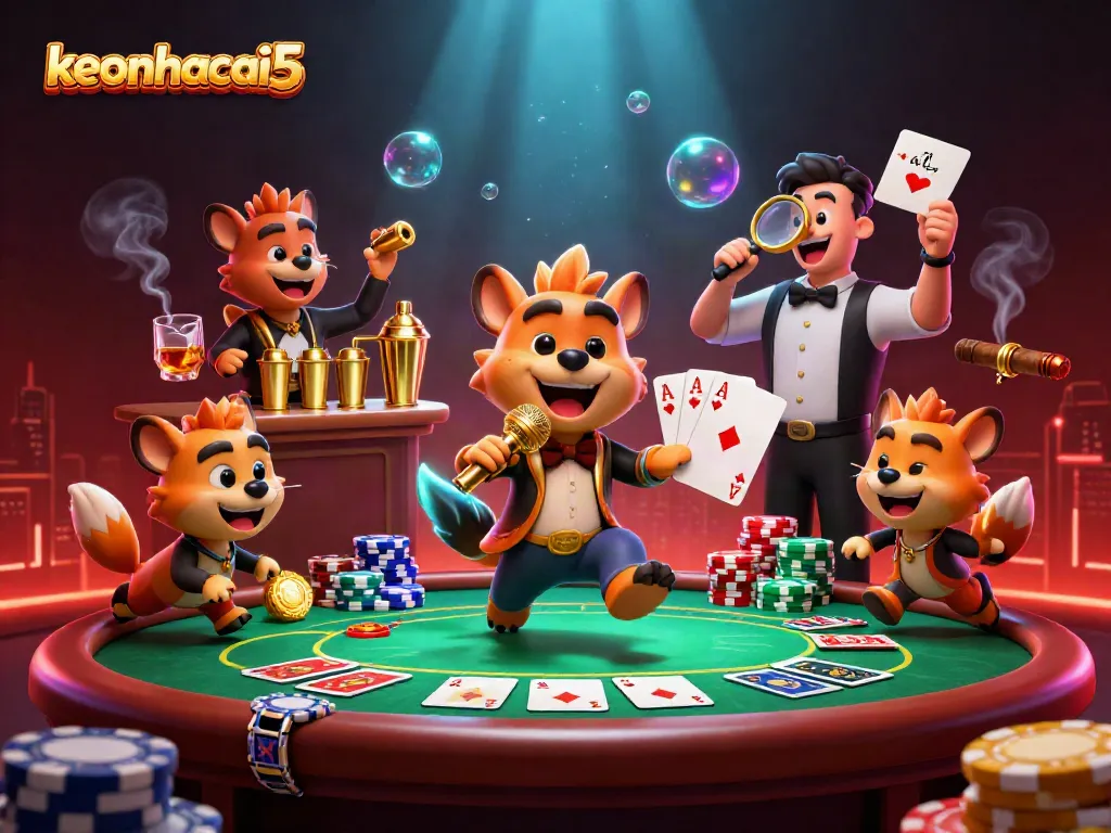 Engage with the exciting scene of keonhacai5, where hyenas showcase their casino antics in a vibrant club atmosphere.