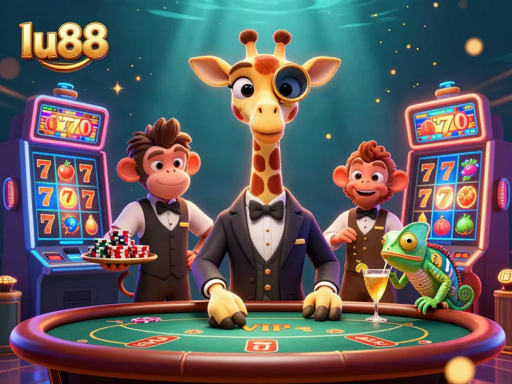 lu88 giraffe with poker chips and a monkey valet at a vibrant casino slot scene.